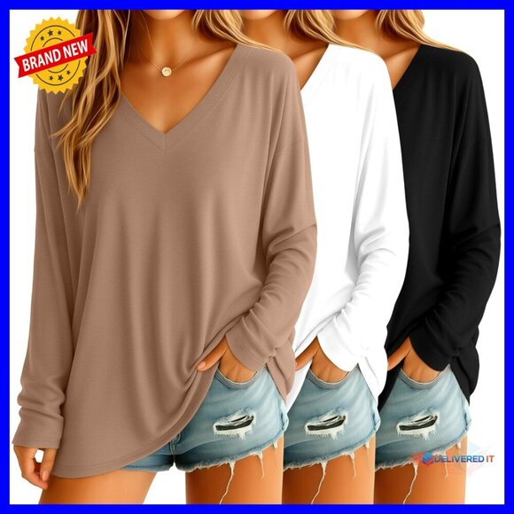 Tops - 3 Pack Women's Oversized Long Sleeve V-Neck Cotton T-Shirts Loose Fit